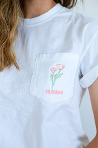 California Embroidered Pocket Tee - White - Shop Back Home
